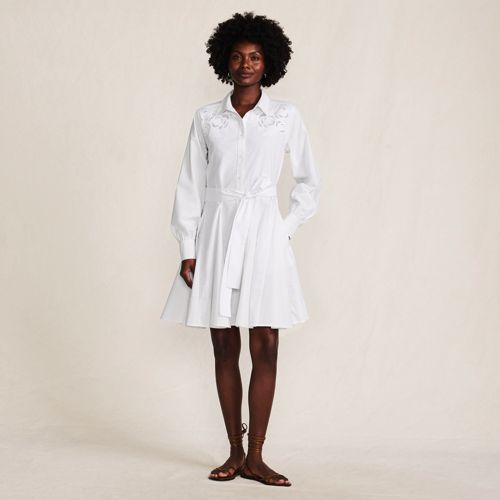 Women's Embroidered Poplin Button Front Dress with Godets, Front