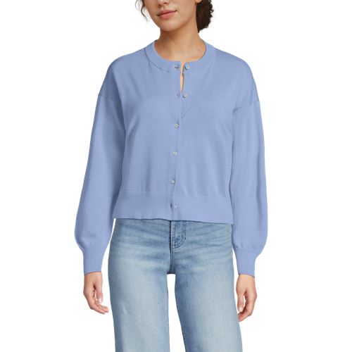  Lands' End Kurzer Feinstrick-cardigan Aus Baumwolle, Damen, Größe:32-34 Regular, Blau, Baumwolle, By Lands' End 