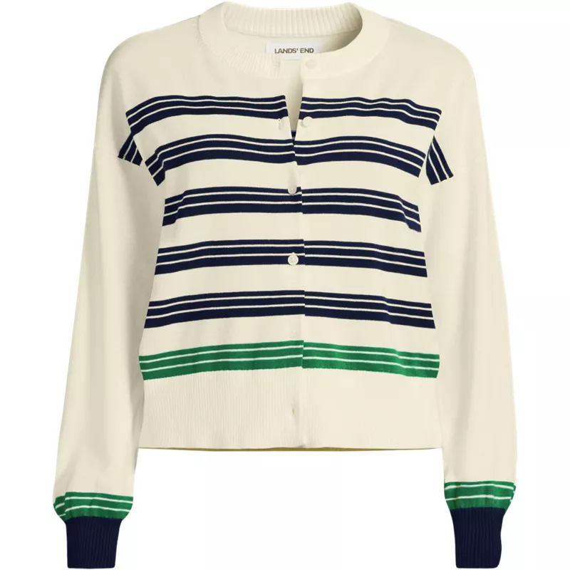 Women's Modern Length Fine Gauge Crew Neck Cardigan Sweater, Front