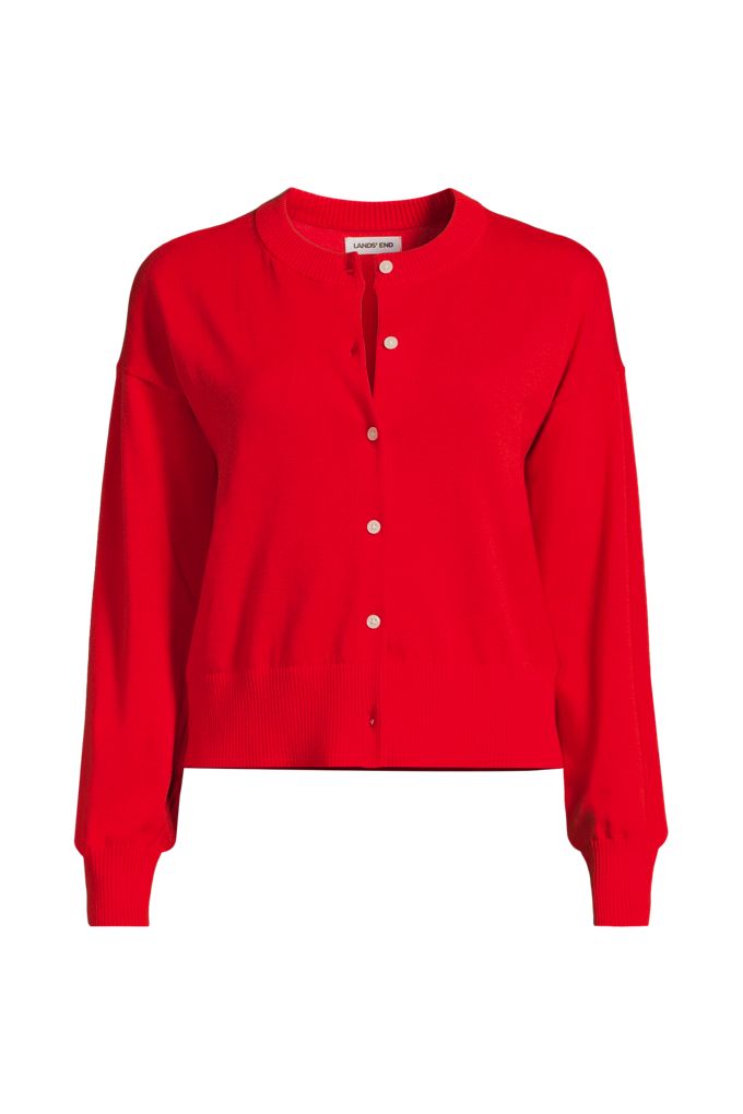 Women's Modern Length Fine Gauge Crew Neck Cardigan Sweater - Lands' End - Red - L