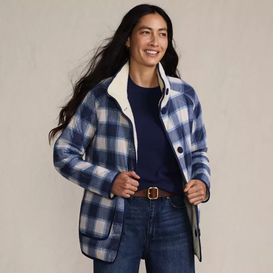 Women's Sherpa Fleece Reversible Mixed Media Long Jacket - primary