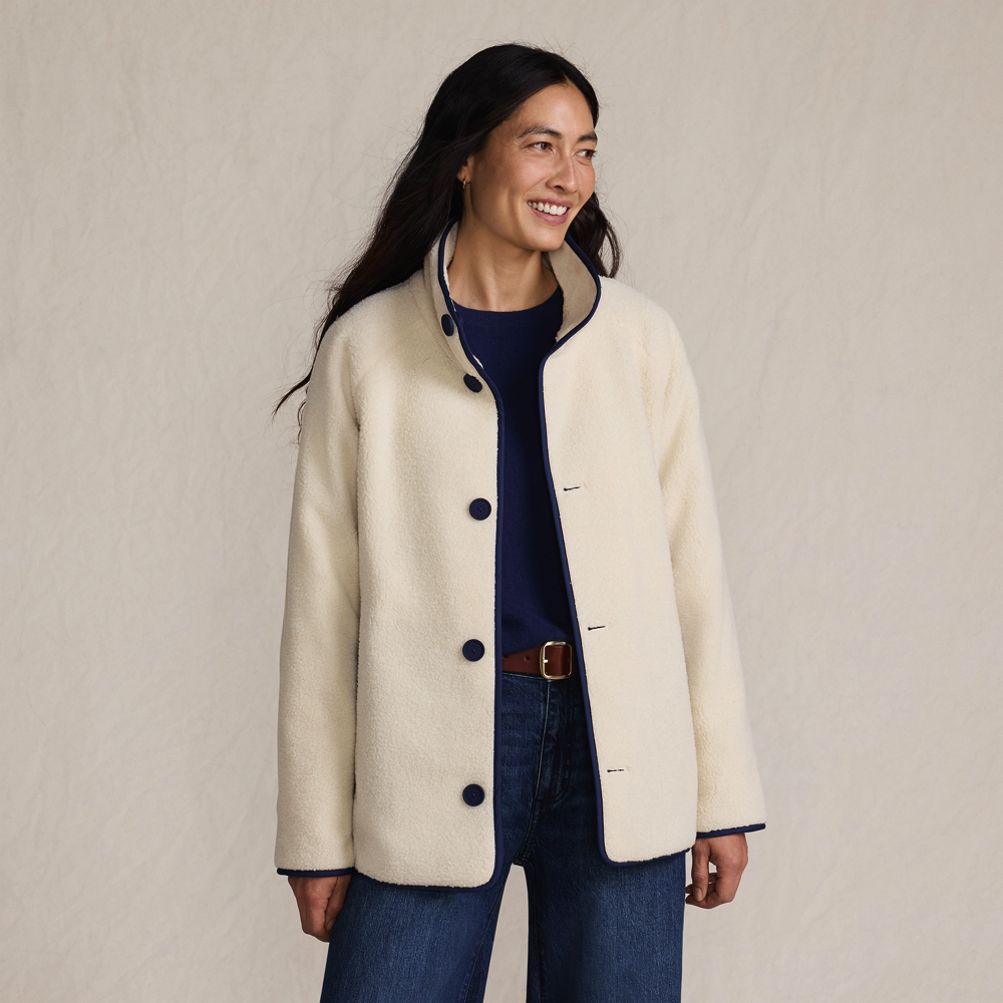 Women's Sherpa Fleece Reversible Mixed Media Long Jacket | Lands' End