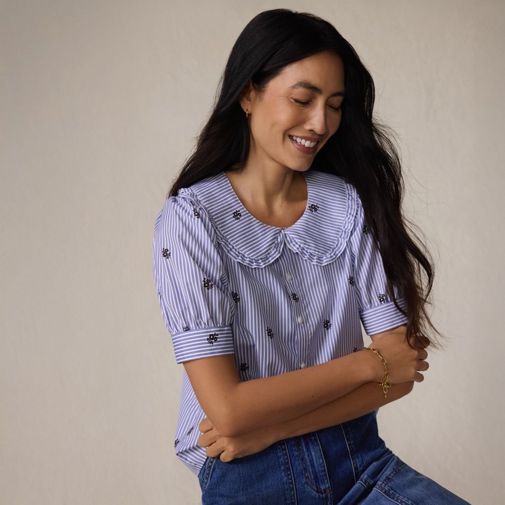 Women's Carefree Cotton Puff Sleeve Statement Collar Shirt | Lands
