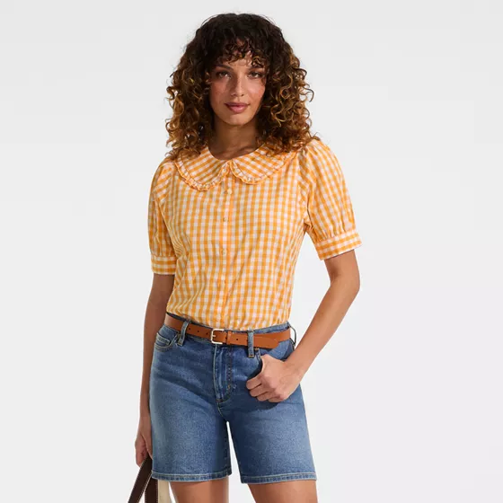 Women's Carefree Cotton Puff Sleeve Statement Collar Shirt - primary