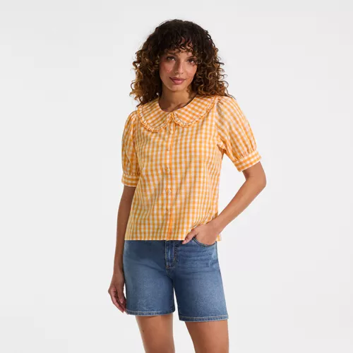 Women's Carefree Cotton Puff Sleeve Statement Collar Shirt, Front