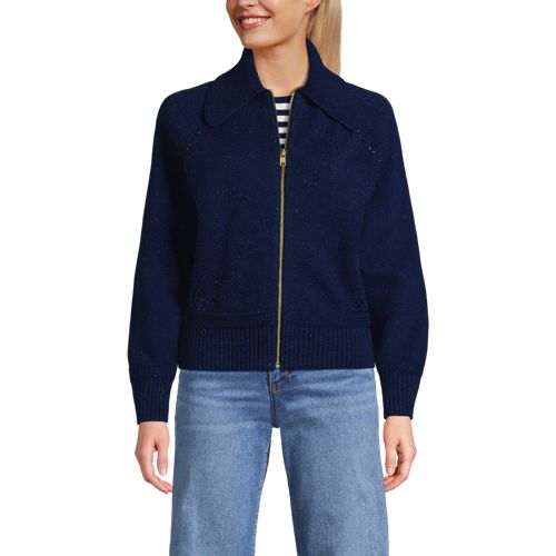  Lands' End Baumwoll-zippercardigan Mit Großem Kragen Drifter, Damen, Größe:36-38 Regular, Blau, Baumwolle, By Lands' End 