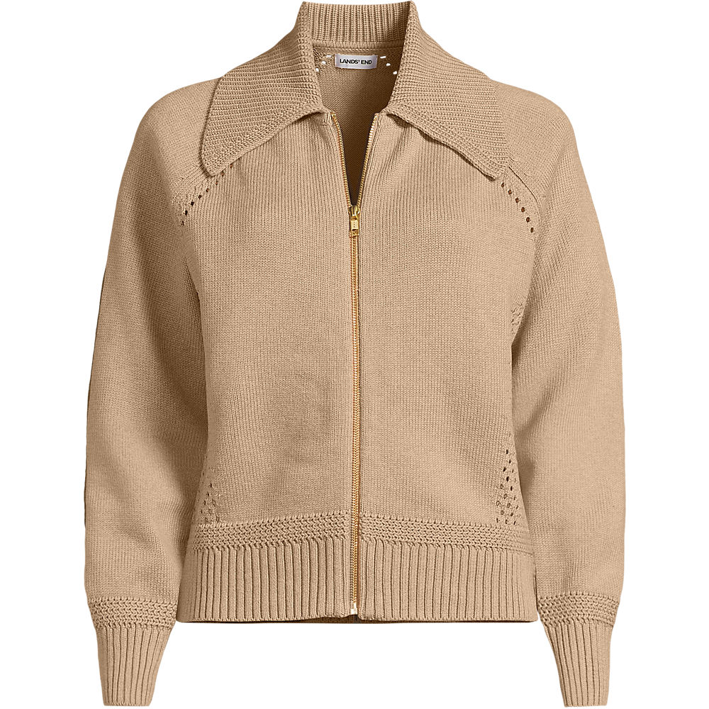 Drifter Cotton Zip-Up Cardigan with Large Collar, Women, size: S, regular, Brown, Cotton, by Lands' End