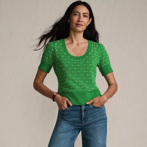 Women's Fine Gauge Cotton Jacquard Scoop Neck Sweater - primary