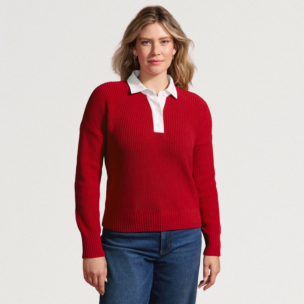 Women's Drifter Rugby with Woven Collar Sweater | Lands' End