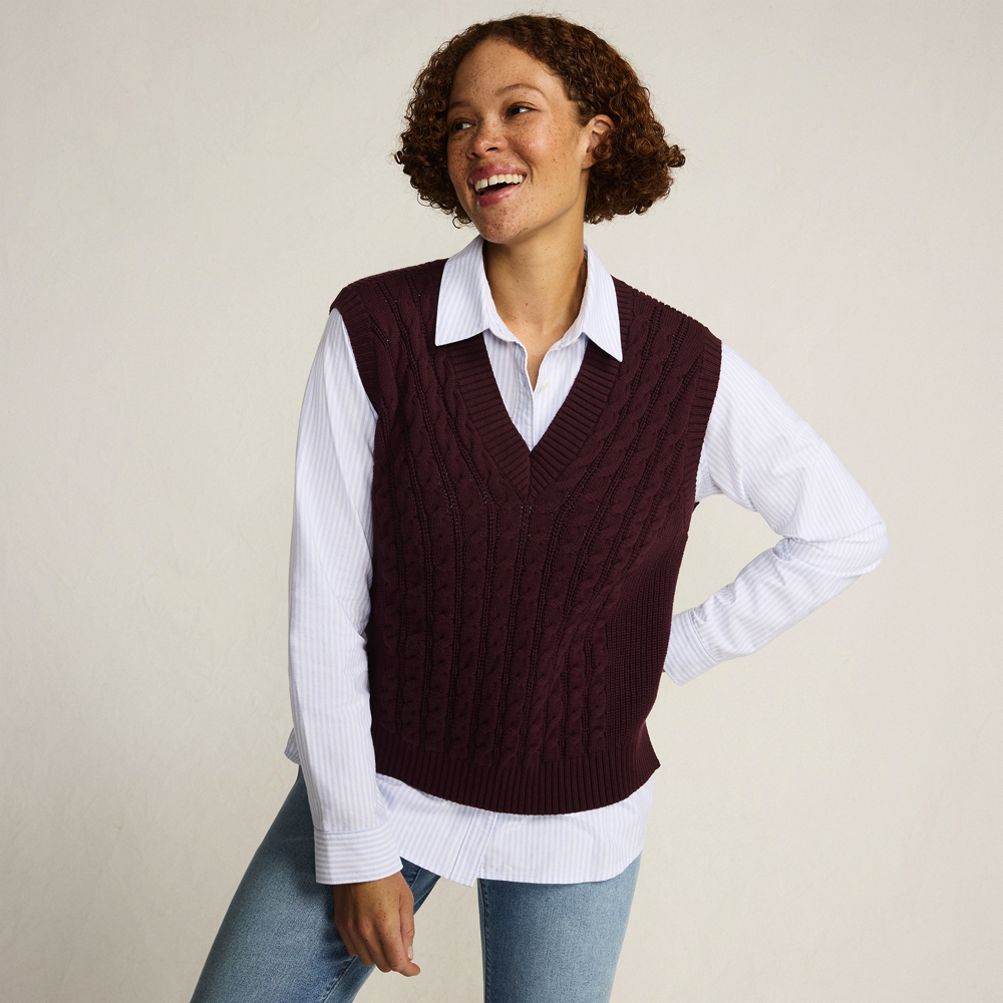 Women's Drifter Modern Cable V Neck Vest Sweater | Lands' End