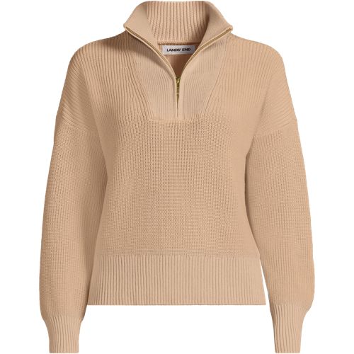 Drifter Shaker Knit Quarter Zip Jumper, Women, size: L, petite, Ivory, Cotton, by Lands' End
