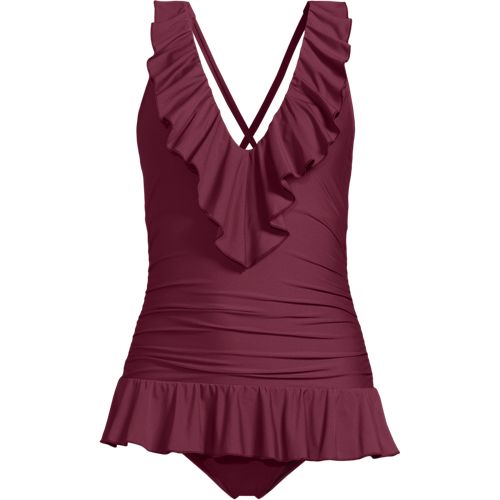 Women's Ruffle Plunge Skirted High Leg One Piece | Lands' End