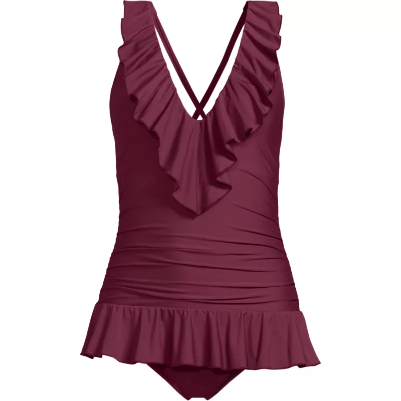 Women's Ruffle Plunge Skirted High Leg One Piece, Front
