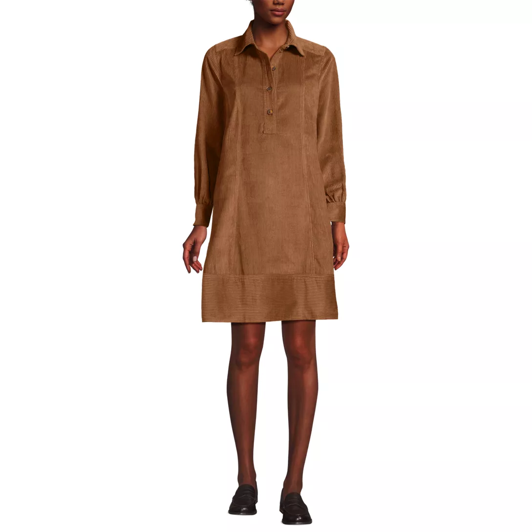 Women's Wide Wale Cord Popover Long Sleeve Shirt Dress
