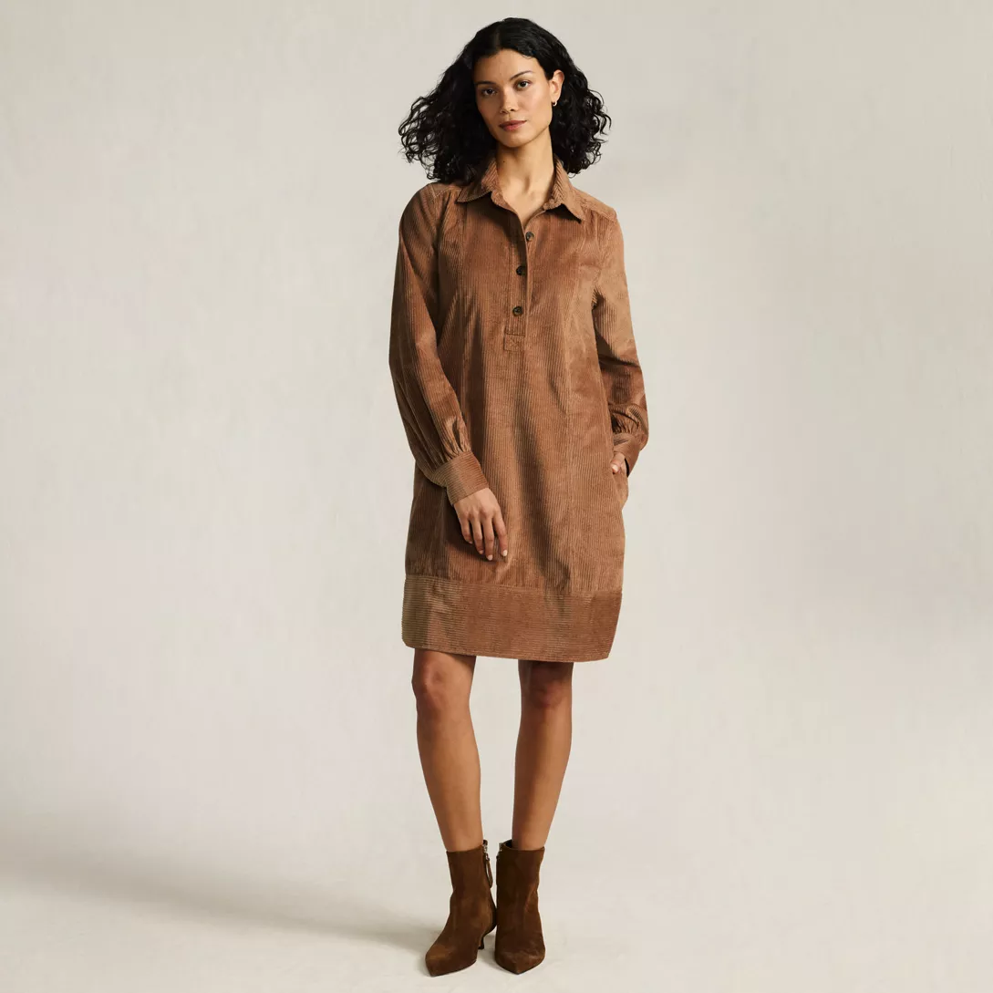 Women's Wide Wale Cord Popover Long Sleeve Shirt Dress
