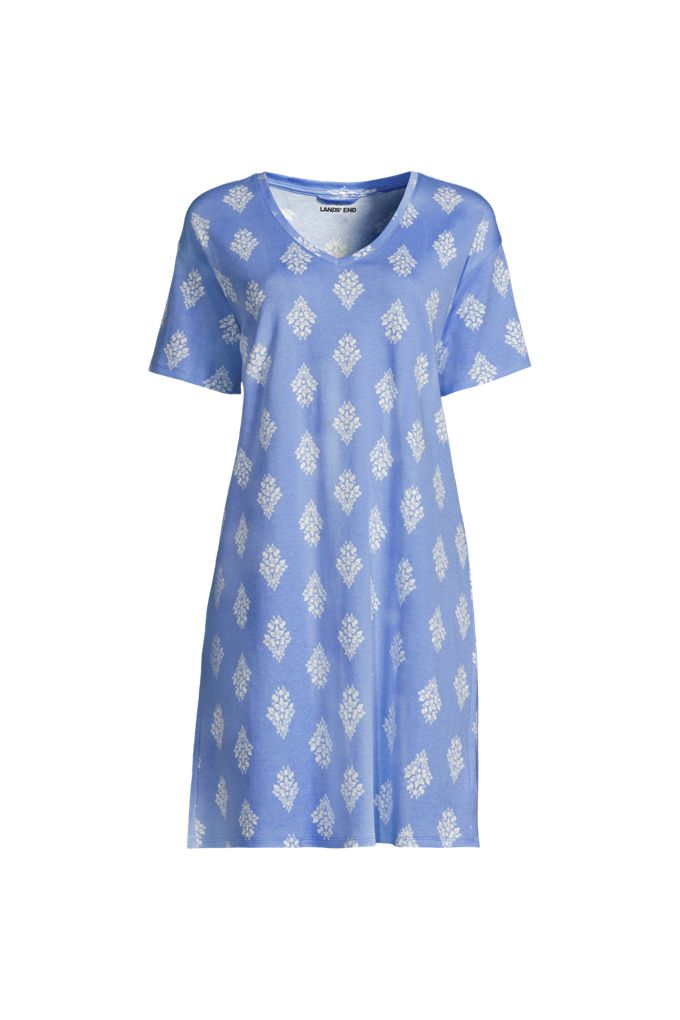 Lands' End Women's Plus Size Cotton Interlock Relaxed Above The Knee Nightgown In Blue