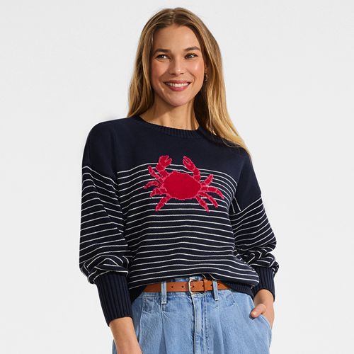 Lands' End ネイビー/レッド　llbean Women's Cotton Drifter Novelty Jacquard Crew Neck Sweater | Lands' End