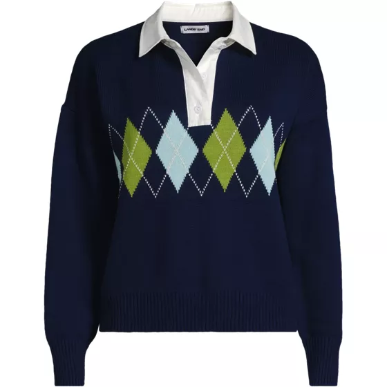 Women's Plus Size Drifter Jacquard Rugby with Woven Collar Sweater - primary