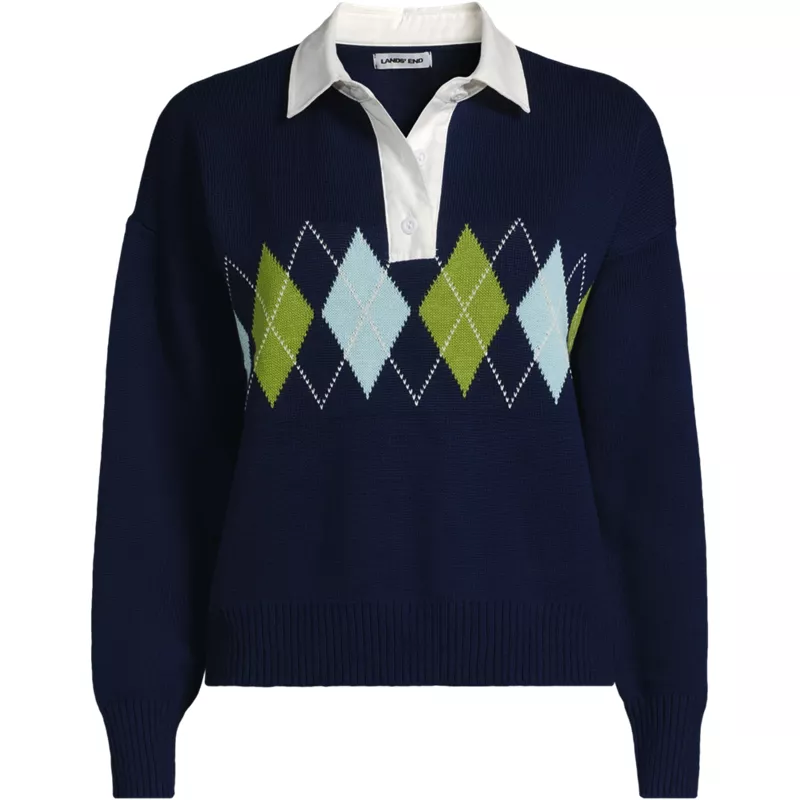 Women's Plus Size Drifter Jacquard Rugby with Woven Collar Sweater, Front