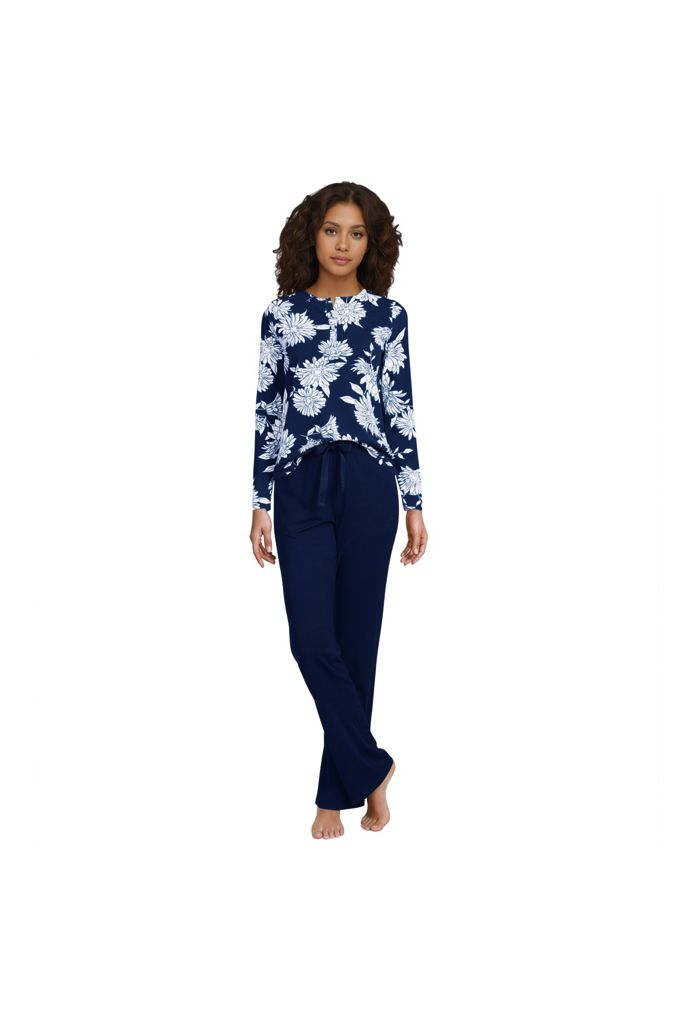 Lands' End Women's Tall Knit 2 Piece Pajama Set - Long Sleeve Top And Pants In Blue