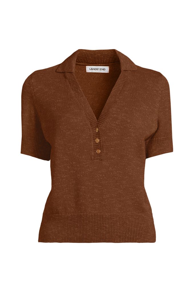 Lands' End Women's Cotton Blend Short Sleeve Polo Sweater In Brown