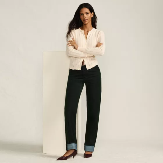 Women's Petite Flocked Denim Mid Rise Relaxed Straight Leg Cuff Jeans - primary