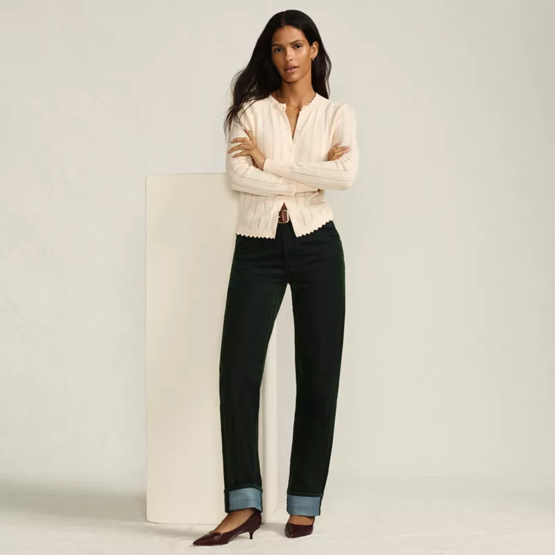 Women's Flocked Denim Mid Rise Relaxed Straight Leg Cuff Jeans, alternative image
