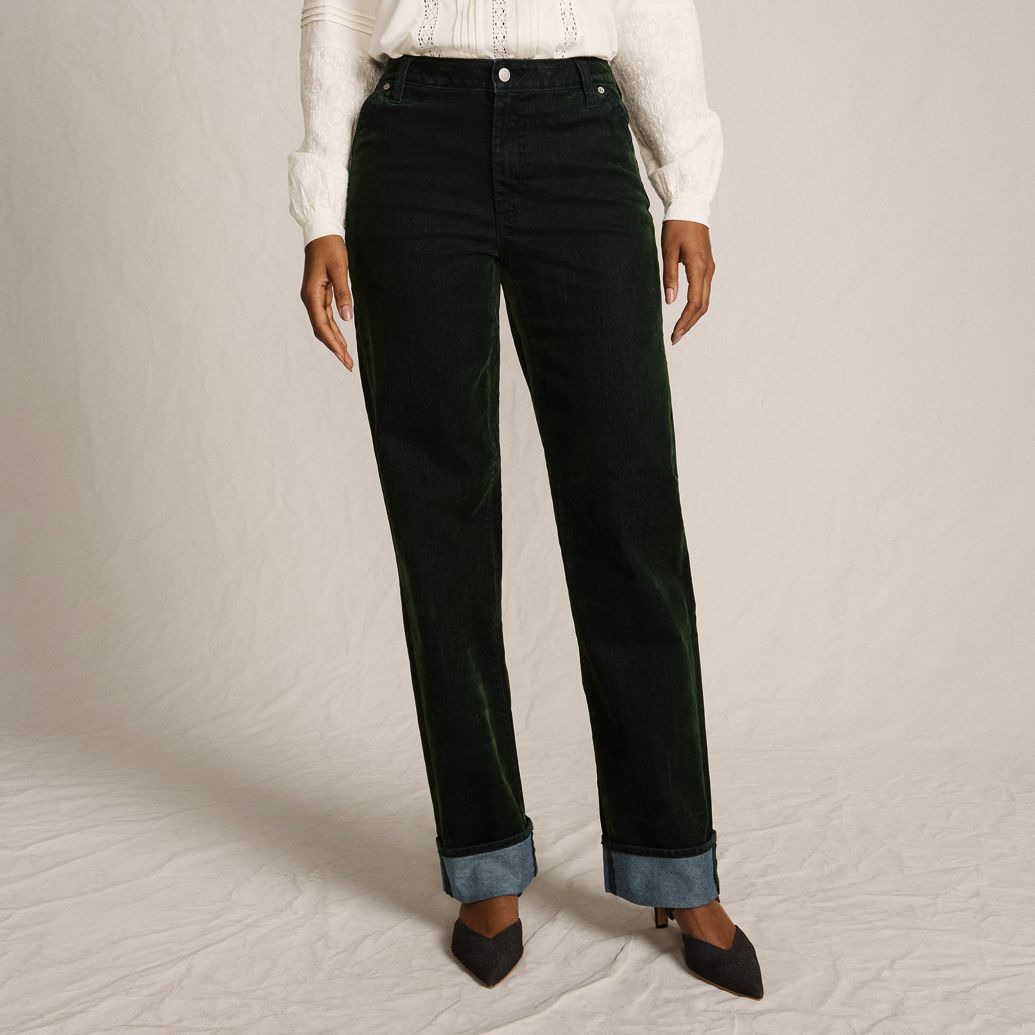 Women's Flocked Denim Mid Rise Relaxed Straight Leg Cuff Jeans