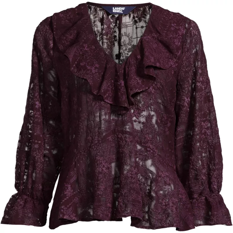 Women's Feminine Ruffle Chiffon V-neck Blouse, Front