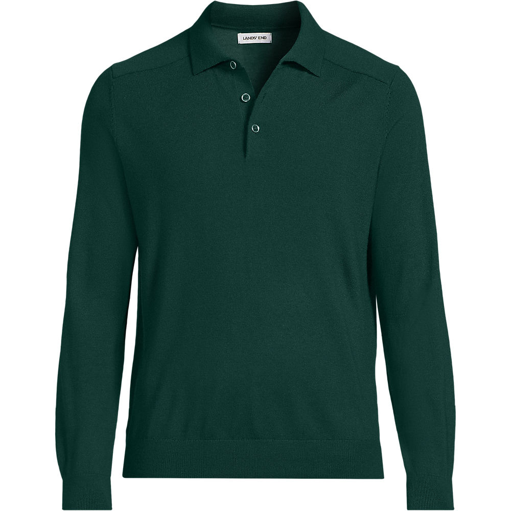 Merino Wool Polo Sweater Top, Men, size: L, regular, Green, Wool, by Lands' End