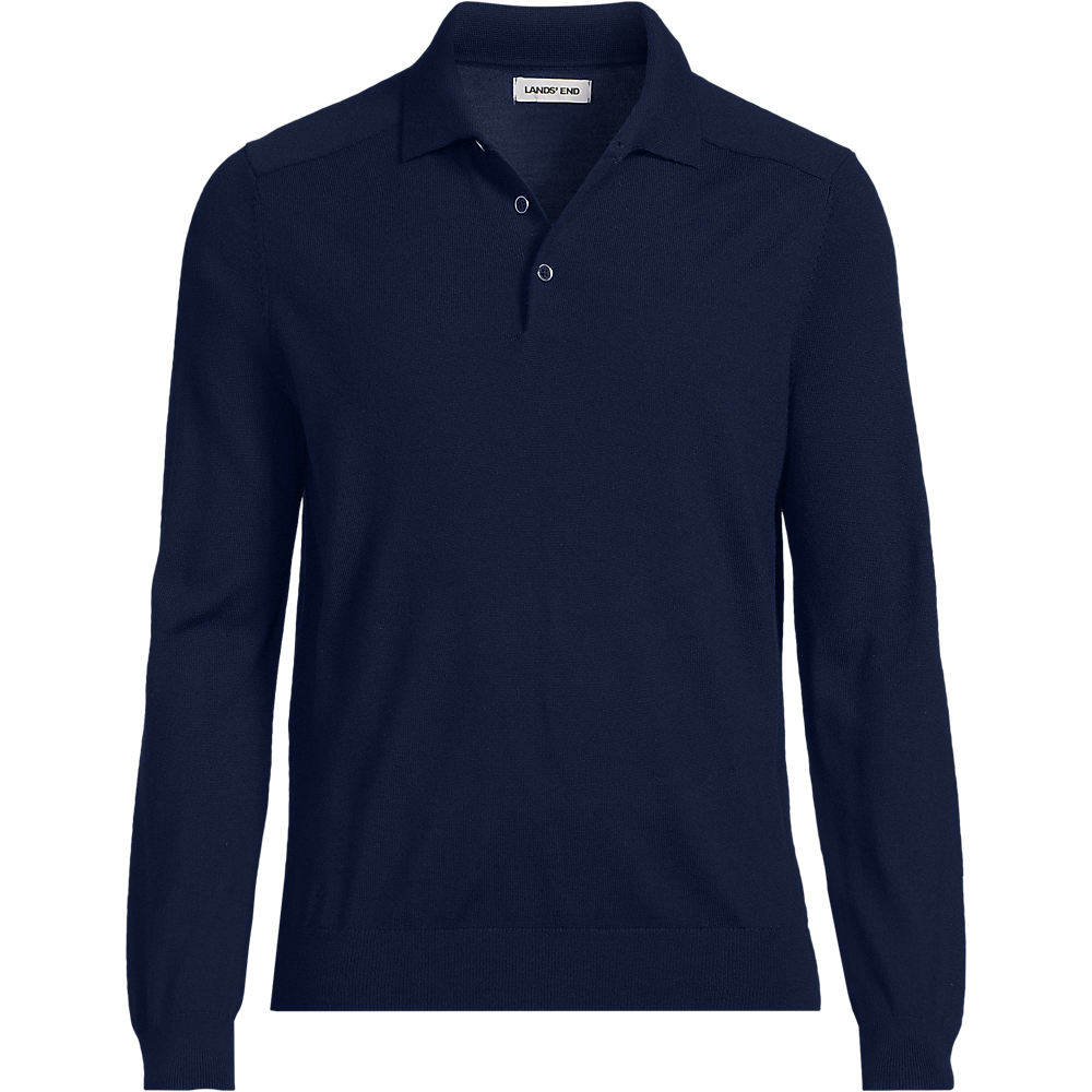Merino Wool Polo Sweater Top, Men, size: XL, regular, Blue, Wool, by Lands' End