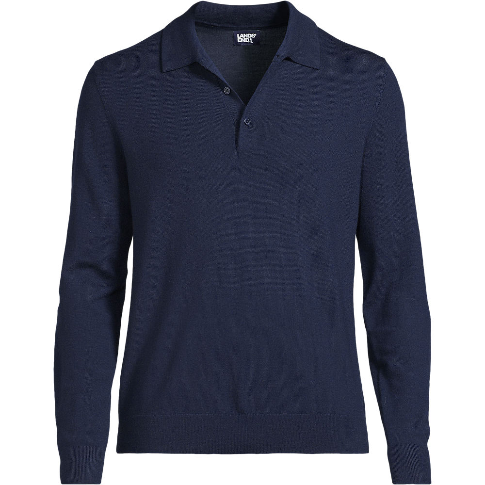 Merino Wool Polo Sweater Top, Men, size: L, regular, Blue, Wool, by Lands' End