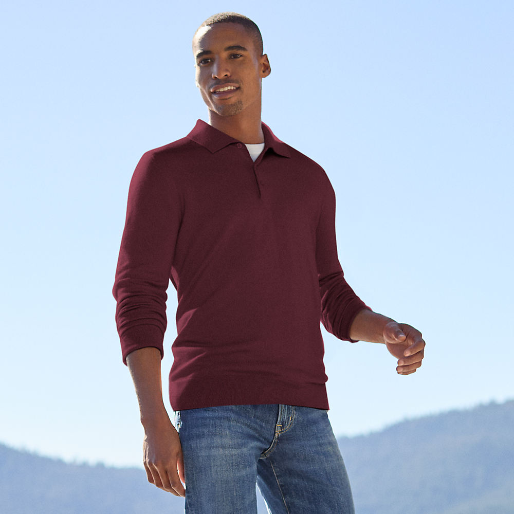 Merino Wool Polo Sweater Top, Men, size: L, regular, Red, Wool, by Lands' End