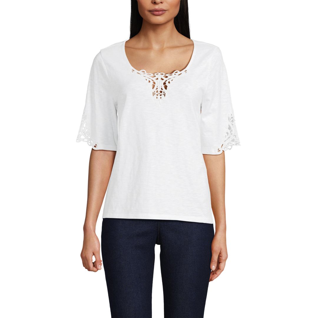 Women's Elbow Sleeve Slub Lace Trim T-Shirt