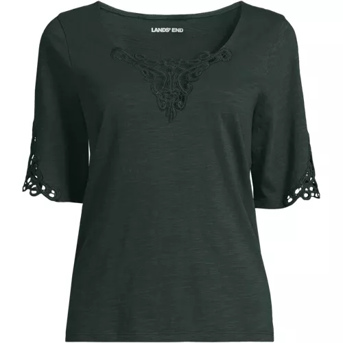 Women's Elbow Sleeve Slub Lace Trim T-Shirt, Front