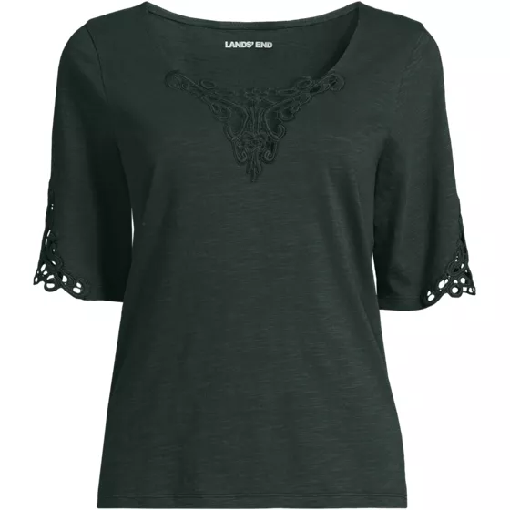 Women's Elbow Sleeve Slub Lace Trim T-Shirt - primary