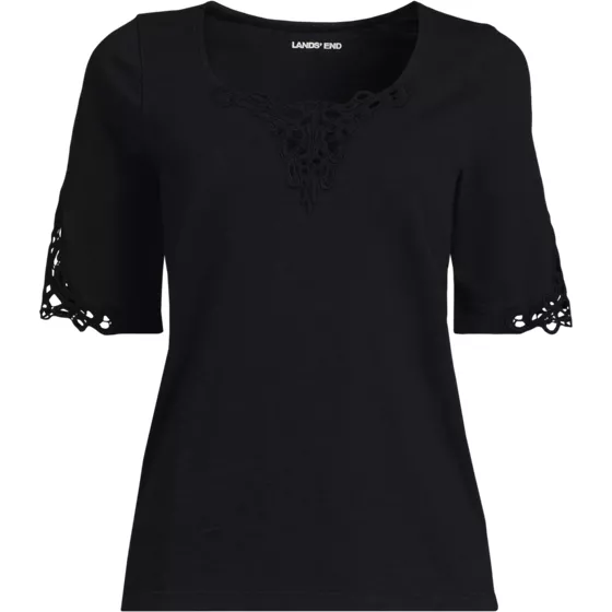 Women's Elbow Sleeve Slub Lace Trim T-Shirt - primary