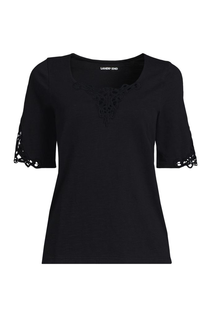 Lands' End Women's Plus Size Elbow Sleeve Slub Lace Trim T-shirt In Black