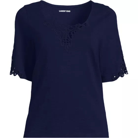 Women's Elbow Sleeve Slub Lace Trim T-Shirt - primary