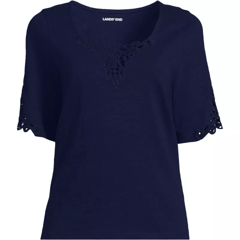 Women's Plus Size Elbow Sleeve Slub Lace Trim T-Shirt, Front