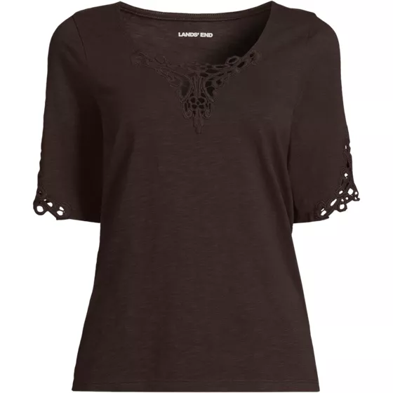 Women's Elbow Sleeve Slub Lace Trim T-Shirt - primary