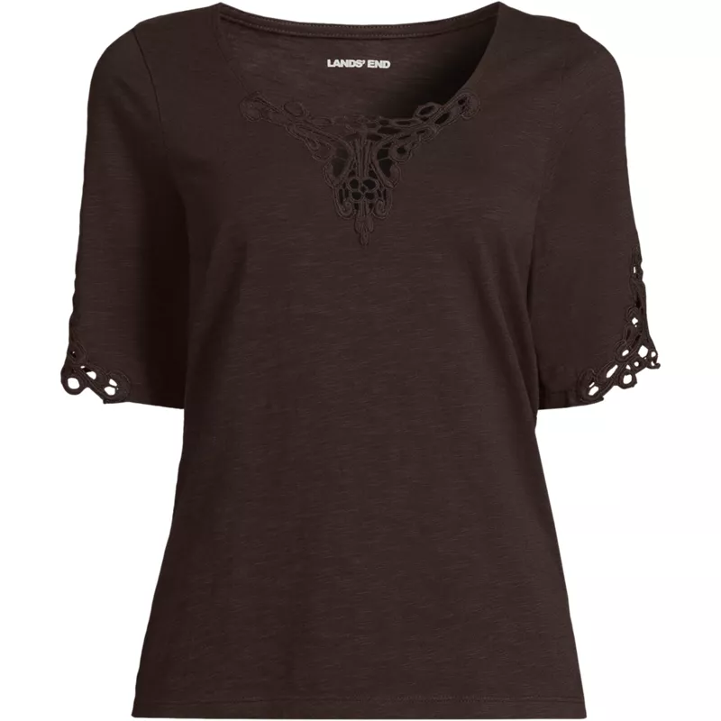 Women's Elbow Sleeve Slub Lace Trim T-Shirt, Front