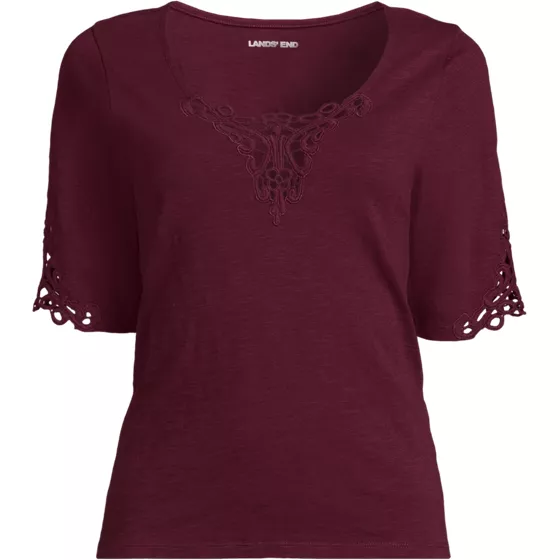 Women's Elbow Sleeve Slub Lace Trim T-Shirt - primary