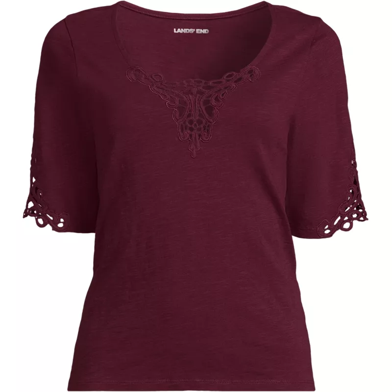 Women's Petite Elbow Sleeve Slub Lace Trim T-Shirt, Front