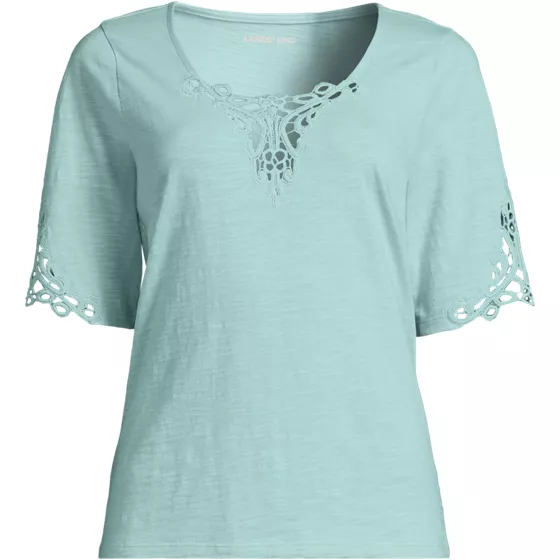 Women's Plus Size Elbow Sleeve Slub Lace Trim T-Shirt - primary