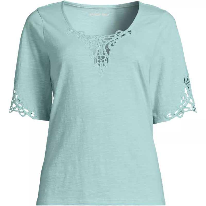 Women's Plus Size Elbow Sleeve Slub Lace Trim T-Shirt, Front