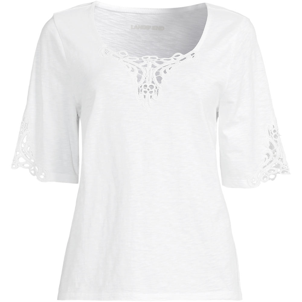 Slub Cotton Lace Trim Top, Women, size: 2XL, plus, White, Cotton, by Lands' End