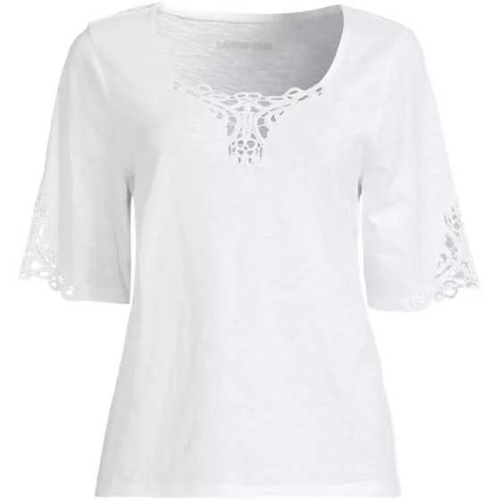 Women's Plus Size Elbow Sleeve Slub Lace Trim T-Shirt - primary