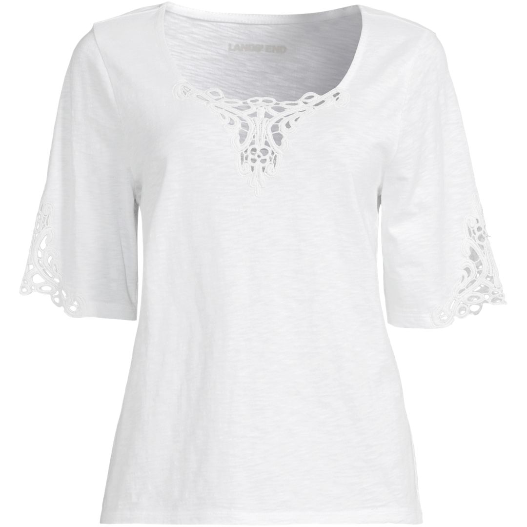 Women's Elbow Sleeve Slub Lace Trim T-Shirt
