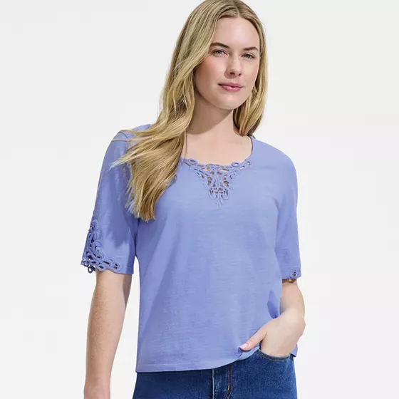 Women's Elbow Sleeve Slub Lace Trim T-Shirt - primary